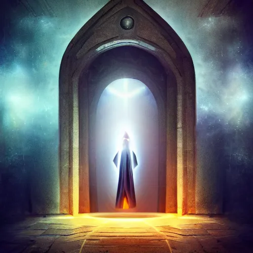 Image similar to a wizard in a cloak standing in front of a portal to wisdom, tall door, high ceiling, magic light, light beam, cinematic atmosphere, high definition, ultra detailed