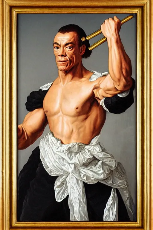 Prompt: a 1 6 0 0 s framed portrait painting of jean - claude van damme with nunchucks, intricate, elegant, highly detailed