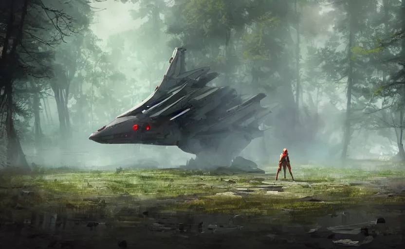 Prompt: one single fighter design spaceship on fire crashed on the ground, on the ground, smoke, smoke, cloudy air, forest, swamp. Atmospheric lighting, overgrowth. By Makoto Shinkai, Stanley Artgerm Lau, WLOP, Rossdraws, James Jean, Andrei Riabovitchev, Marc Simonetti, krenz cushart, Sakimichan, trending on ArtStation, digital art.