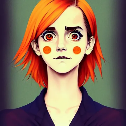 Prompt: beautiful anime girl, Emma Watson, orange glowing hair, sarcastic smiling, clear clean face, symmetrical face, style by Loish, Norman Rockwell, painterly style, flat illustration, high contrast