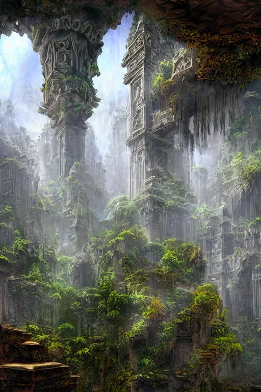 Image similar to ancient fractal temple megastructure in the hanging gardens of a radiant cathedral, overgrown garden,, scanned earth terrain bridges, erosion algorithm landscape, by albert bierdstat, by glenn small, high fantasy, high resolution, photorealism, populated by luminous beings, god rays in volumes of fog, looking up perspective