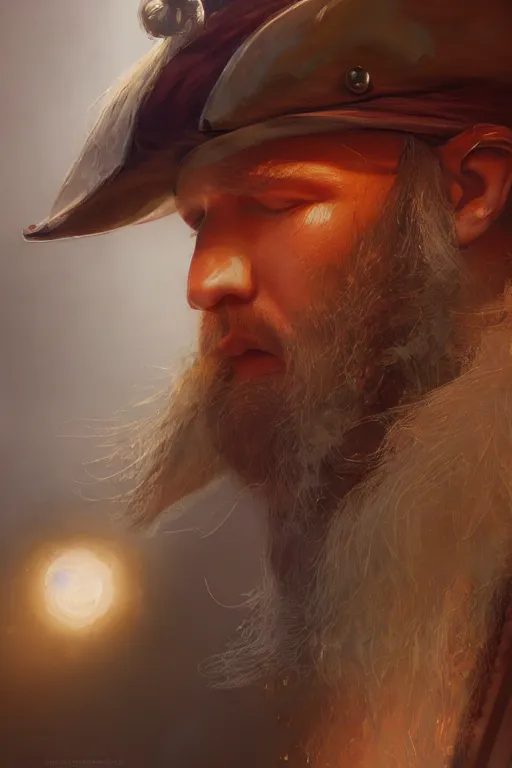 Image similar to blonde wild hair beard man, pirate eye - patch, playing guitare, close - up portrait, powerfull, intricate, elegant, volumetric lighting, scenery, digital painting, highly detailed, artstation, sharp focus, illustration, concept art, ruan jia, steve mccurry