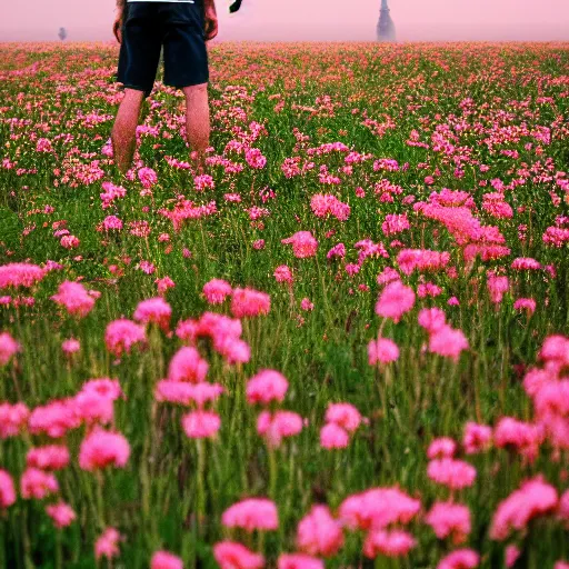 Prompt: close up kodak portra 4 0 0 photograph of a skinny guy standing in field looking at a tornado of flowers, back view, moody lighting, telephoto, 9 0 s vibe, blurry background, vaporwave colors, faded!,