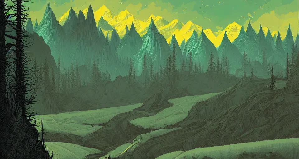 Image similar to a beautiful landscape with trees and mountains, by kilian eng