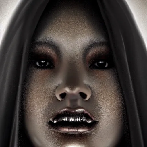 Image similar to a portrait of a young black woman wearing a long dark cloak, hood and shadows covering face, anatomically correct, beautiful perfect face, enigmatic, oil painting, matte painting, black background, Volumetric dynamic lighting, Highly Detailed, Cinematic Lighting, Unreal Engine, 8k, HD, by Beksinski