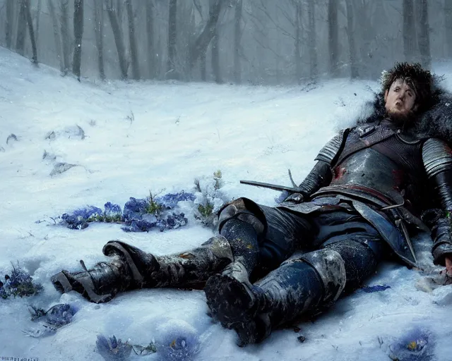 Image similar to Highly realistic oil painting of a wounded knight lying in the snow, surrounded by blue flowers, blood on flowers, by greg rutkowski, highly detailed, cinematic lighting, moody, dark