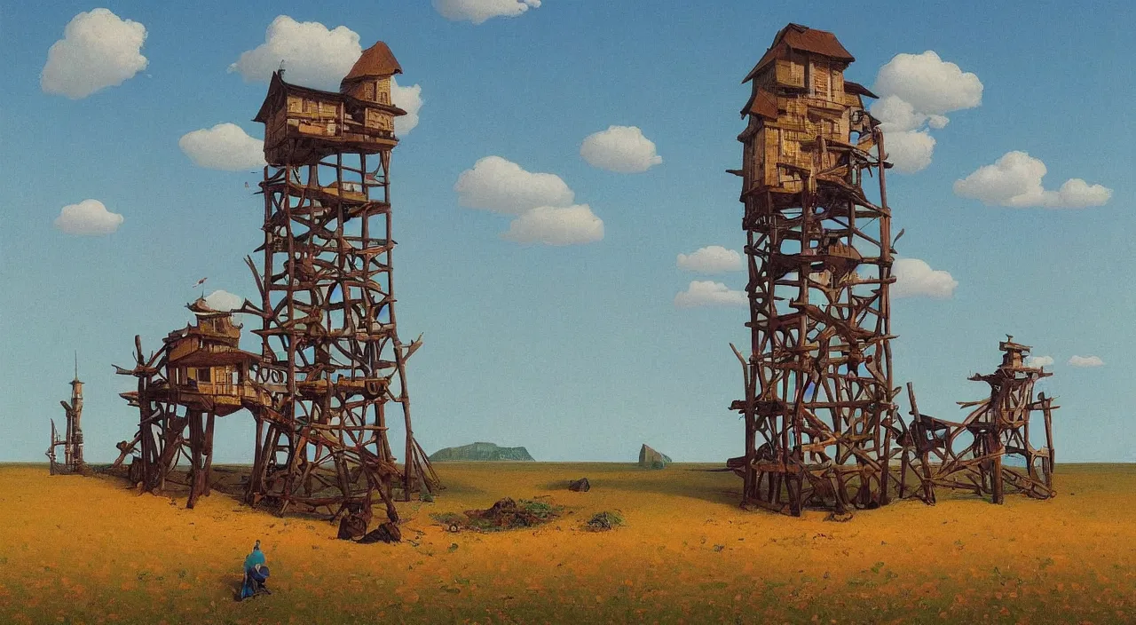 Prompt: single flooded simple tribal wooden tower, very coherent and colorful high contrast!! masterpiece by rene magritte simon stalenhag carl spitzweg syd mead norman rockwell edward hopper james gilleard, minimalist, dark shadows, sunny day, hard lighting