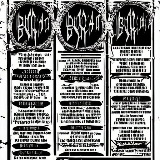 Image similar to black metal show flyer, black metal logos, unreadable, 3 band lineup, local bar, d. i. y. venue