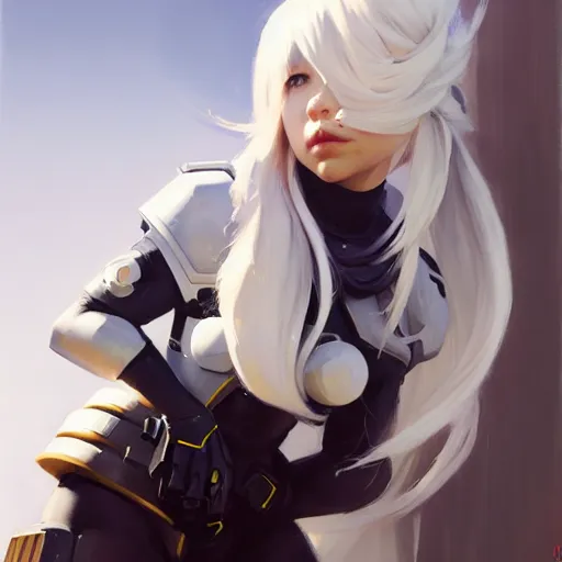 Image similar to greg manchess portrait painting of a 2 yorha type a no. 2 as overwatch character, white long hair, organic painting, sunny day, matte painting, bold shapes, hard edges, street art, trending on artstation, by huang guangjian and gil elvgren and sachin teng