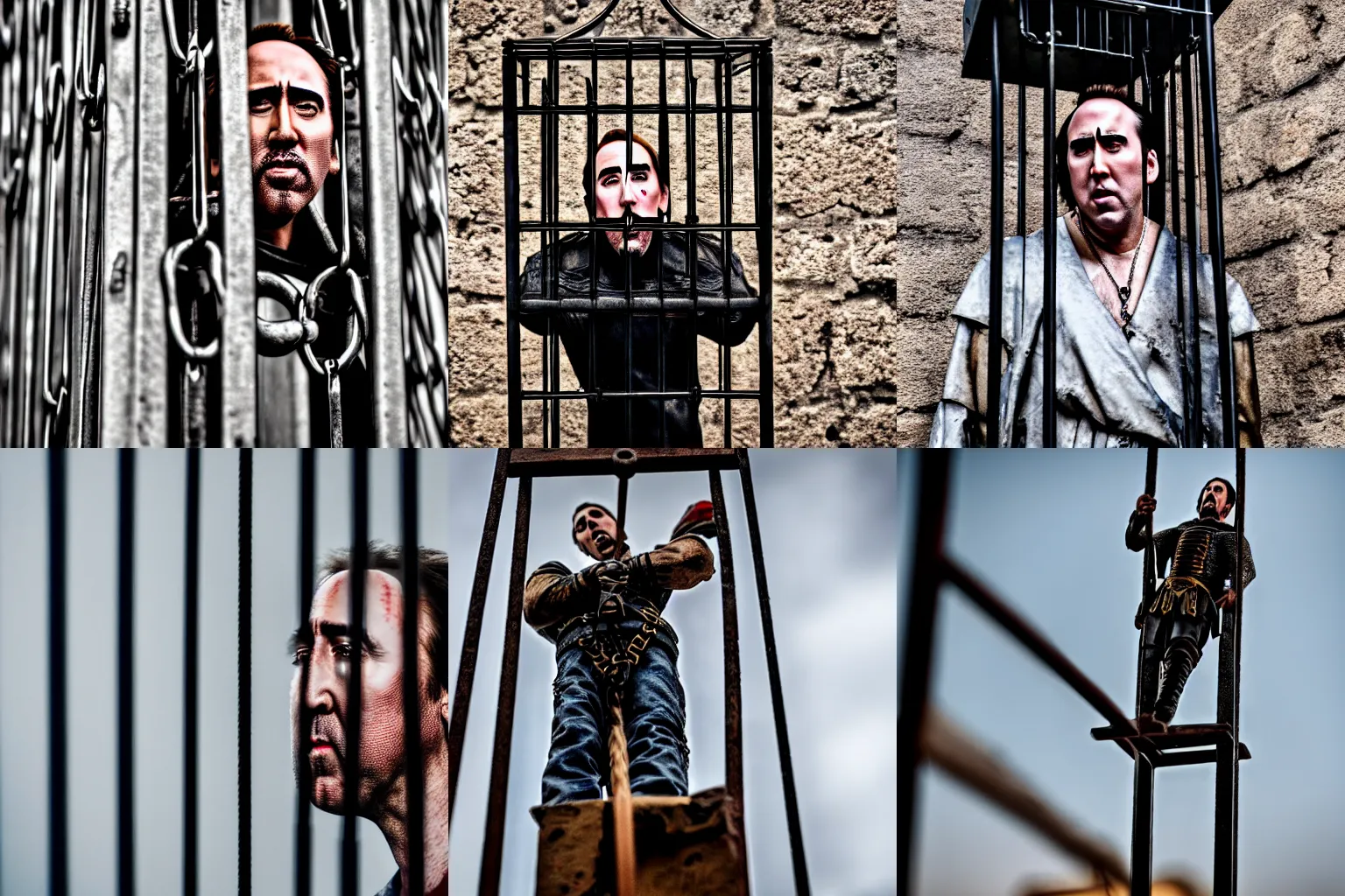 Prompt: Nicholas Cage imprisoned in a medieval gibbet of metal XF IQ4, f/1.4, ISO 200, 1/160s, 8K, in-frame