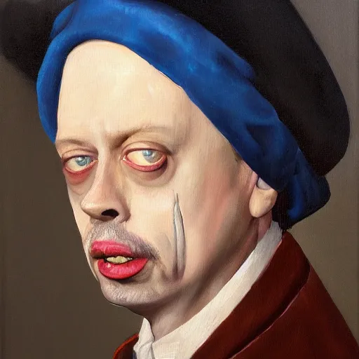 Prompt: oil painting portrait of steve buscemi wearing a fireman hat, oil on canvas, high quality, johannes vermeer