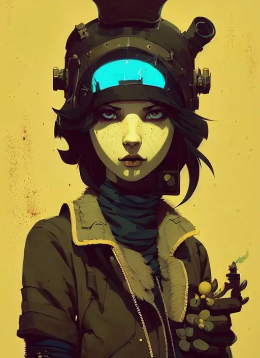 Image similar to highly detailed portrait of a sewer punk young lady by atey ghailan, james gilleard, by joe fenton, by greg rutkowski, by greg tocchini, by kaethe butcher, 4 k resolution, gradient yellow, black, brown and cyan color scheme, grunge aesthetic!!! ( ( dystopian graffiti tag wall in background ) )