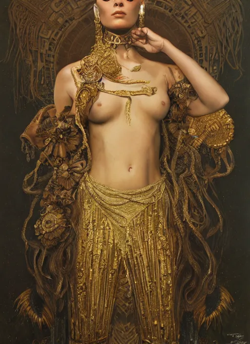 Prompt: highly detailed oil painting | very intricate | cinematic lighting | award - winning | mayan fashion by alexander mcqueen | by roberto ferri, by tom bagshaw, by j. c. leyendecker and klimt, american romanticism, by austin osman spare, artstation, cgsociety, official art, octane