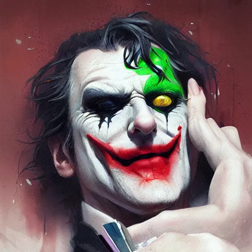 Image similar to joker, crazy face, facepalm, paint by greg rutkowski