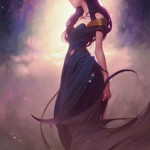 Image similar to a beautiful girl with long dark hair and bangs, sailor moon aesthetic, fantasy, intricate, elegant, highly detailed, digital painting, artstation, concept art, matte, sharp focus, illustration, art by Artgerm and Greg Rutkowski and Alphonse Mucha