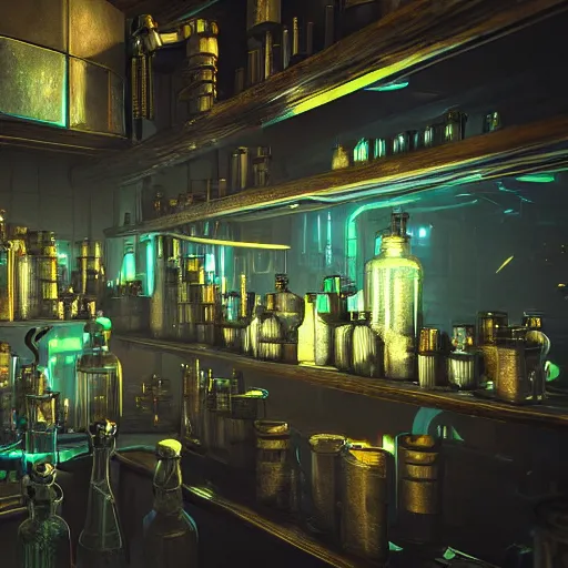 Prompt: cyberpunk alchemy laboratory full of potions, criri from the witcher. stunning 3 d render, flesh texture, realistic, highly detailed attributes and atmosphere, dim volumetric cinematic lighting, 8 k octane detailed render, post - processing, masterpiece, rtx on, rendering on unreal engine