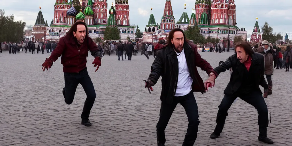 Image similar to nicolas cage as freddy krueger chasing lora palmer on the red square in moscow. cinematic trailer high resolution