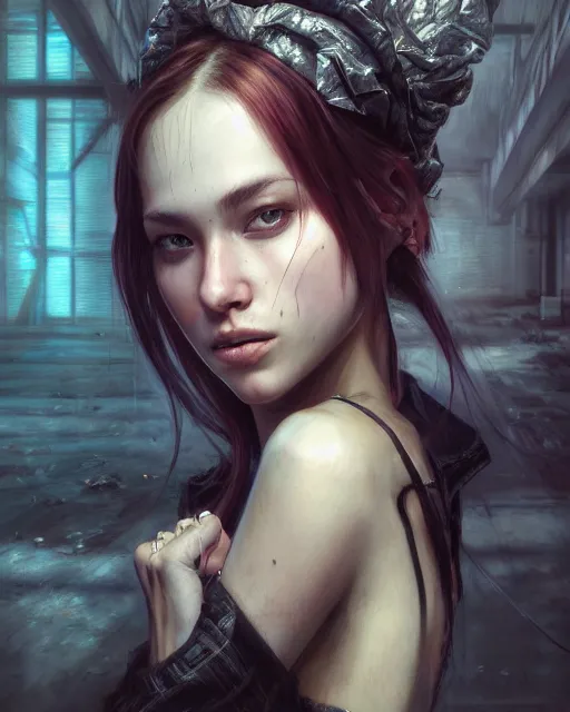 Image similar to daniel gerhartz and artgerm detailed portrait digital rococo painting of a beautiful woman wearing streetwear clothing, instagram style, abandoned warehouse interior in the background, unreal engine, hyper realism, realistic shading, cinematic composition, blender render, octane render, hdr, detailed textures, photorealistic, ultrawide shot, 3 5 mm film