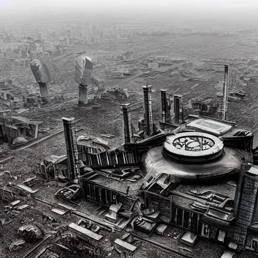 Image similar to ancient hi tech sci fi industrial superstructure standing above the clouds with an abandoned city on top, photograph, derelict, hyperrealism, megastructure