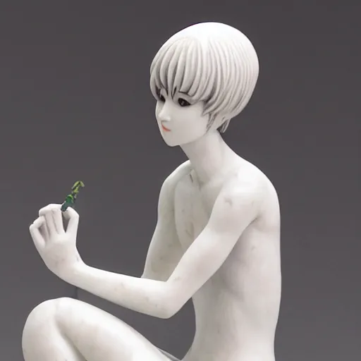 Prompt: intricately carved marble statue of kawaii rei ayanami kneeling relaxed, highly detailed by artist luo li rong