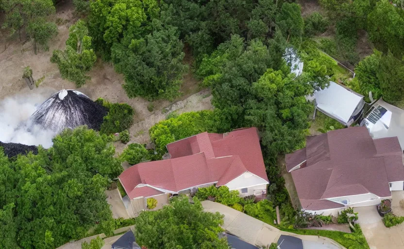 Image similar to suburban house and yard with small volcano erupting in the yard