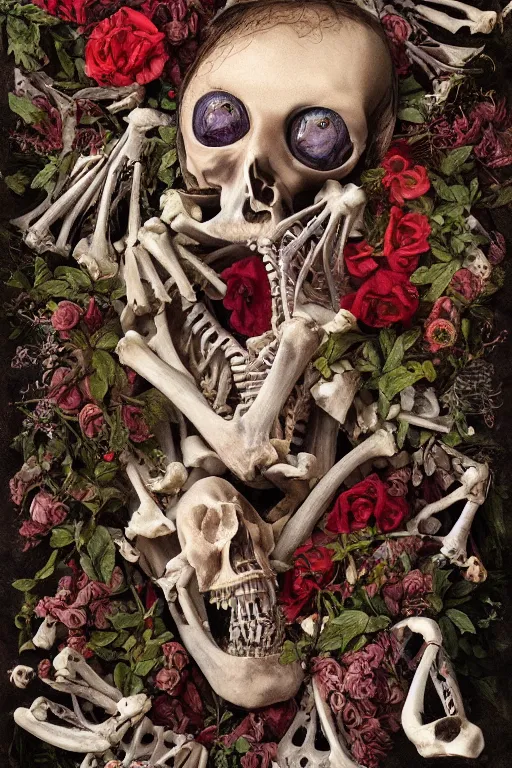 Prompt: anatomical man with large eyes and lips laying in bed of bones of flowers, an existential dread of love, HD Mixed media, highly detailed and intricate, surreal illustration in the style of Caravaggio, baroque dark art