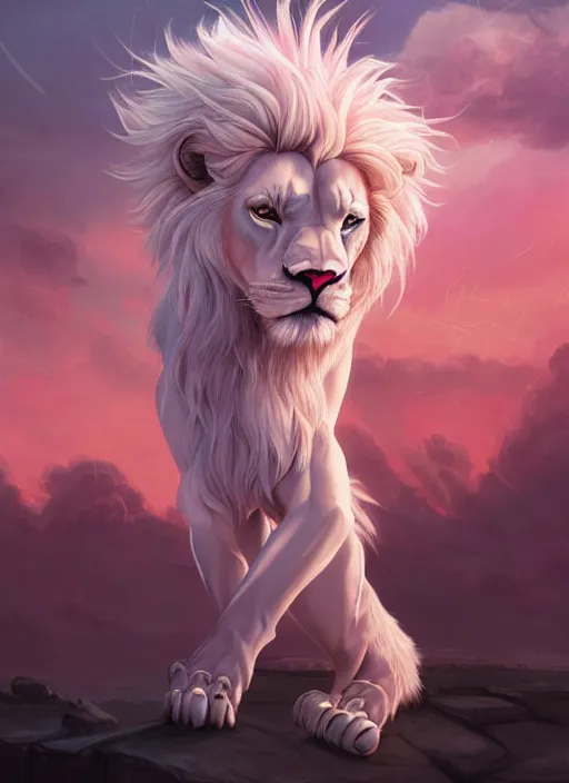 Image similar to aesthetic portrait commission of a of a male fully furry muscular anthro albino lion with a tail and a beautiful attractive hyperdetailed face wearing stylish and creative wearing pink and mint male crop top outfit in a sci-fi dystopian city at golden hour while it storms in the background. Character design by charlie bowater, ross tran, artgerm, and makoto shinkai, detailed, inked, western comic book art, 2021 award winning film poster painting