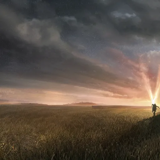 Prompt: putin in a cast and wounded standing at the edge of a large cornfield staring out in the distance at a sunset, photography, highly detailed landscape, intense fantasy atmospheric lighting, hyperrealistic, spectacular mountains, bright clouds, luminous stellar sky, solar flare unreal engine, hd