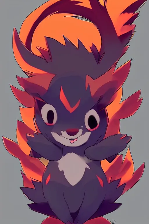 Image similar to zorua pokemon, stylised fox - like appearance, black and auburn colour pallet, thick furry neck and chest fluff, stylised 🖌 - like hair, pokemon concept art with multiple angles, super detailed, clean lines, digital art