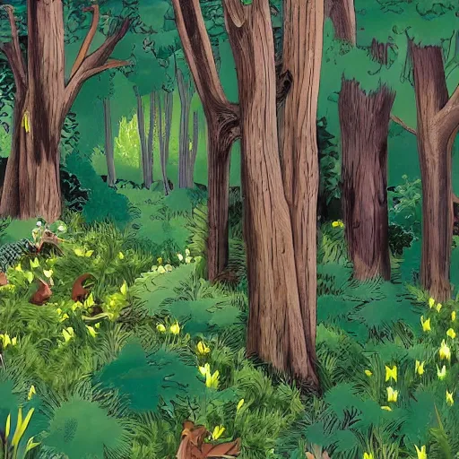 Prompt: very detailed forest background for disney cartoon
