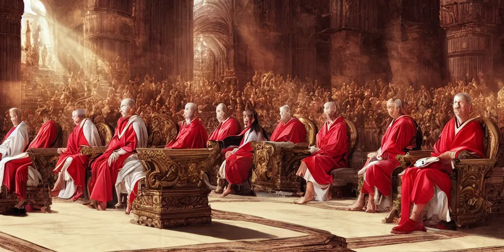 Image similar to ancient senators in royal crimson and white robes sit in tribunes, highly detailed, beautiful cinematic light deep focus, elegant, digital painting, smooth, sharp focus, golden ratio, dramatic illumination, art by aleksi briclot, rutkowski and caravaggio