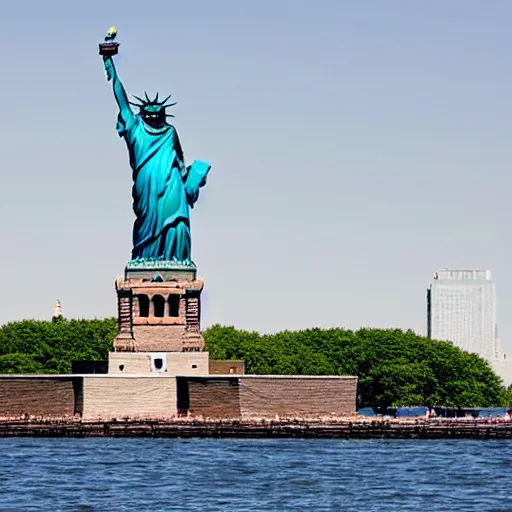 Prompt: a bodybuilder swimming towards the statue of liberty, high definition