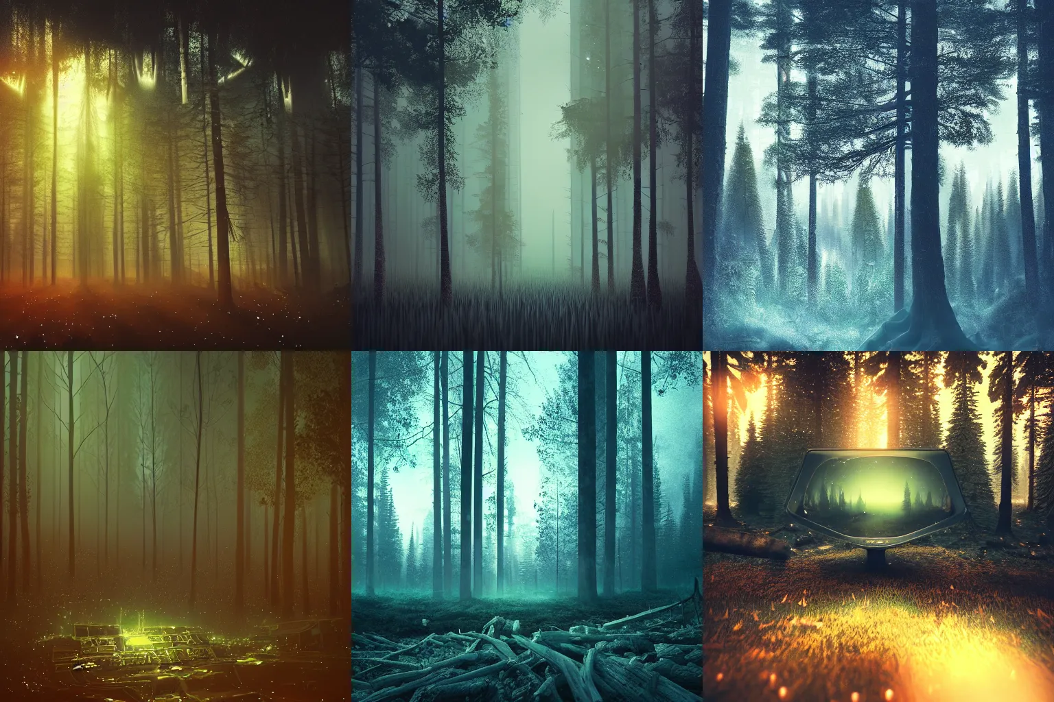 Prompt: beautiful dark forest landscape, old broken televisions, in the style of beeple and Mike Winkelmann, intricate, epic lighting, cinematic composition, hyper realistic, 8k resolution,