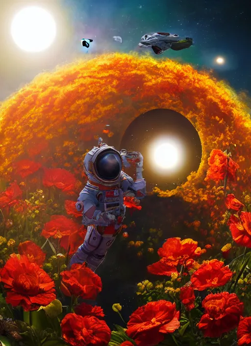 Image similar to An epic fantastic realism comic book style painting of the most beautiful flowers launched into space, bouquets, solar eclipse, fisheye, unreal 5, DAZ, hyperrealistic, octane render, dynamic lighting