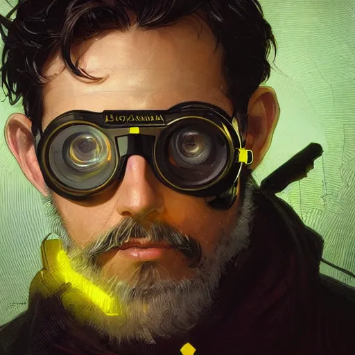 Image similar to an inventor, goggles, thin beard, messy black hair, d & d, solid yellow background, fantasy, intricate, cinematic lighting, highly detailed, digital painting, artstation, concept art, smooth, sharp focus, illustration, art by artgerm and greg rutkowski and alphonse mucha