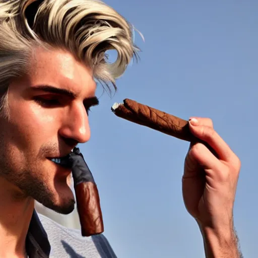 Image similar to a closeup photo of handsome gigachad xqc smoking a cigar