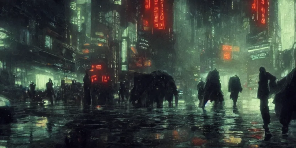 Prompt: screenshot from a blade runner movie, intricate, elegant, highly detailed, cinematic, rendered in the unreal engine, greg manchess, mucha, liepke, ruan jia, jeffrey catherine jones, ridley scott