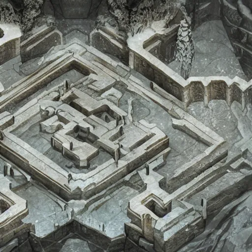 Prompt: fantasy concept art, marble city covered in snow, Greco style, mountains, labyrinth, high detail, 8k