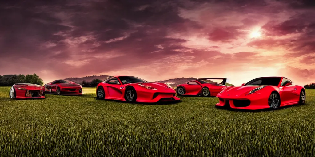 Image similar to cinematic fast sportscar reminiscent of toyota, ferrari and porsche in a lush field, shiny, red, beautiful lighting, photorealistic, sharp, sunset, by scott robertson