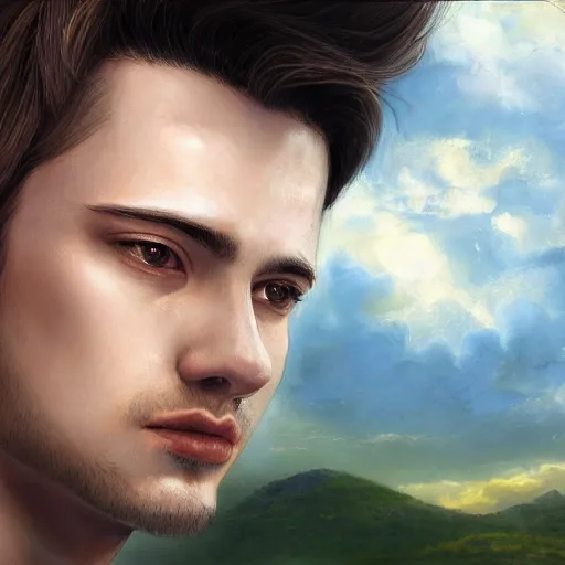 Prompt: a portrait of a young handsome prince with white fringy hair, epic clouds, beautiful landscape, backlit, incredible lighting, strong rim light, highly detailed, digital painting, HDRI, by Heise Jinyao, Heise-Lian Yan Fang, Feimo, Richard Taddei, vivid colors, high contrast, 8k resolution, intricate, realistic anime, trending on artstation