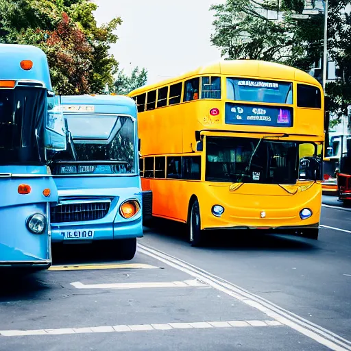 Prompt: car surrounded by busses