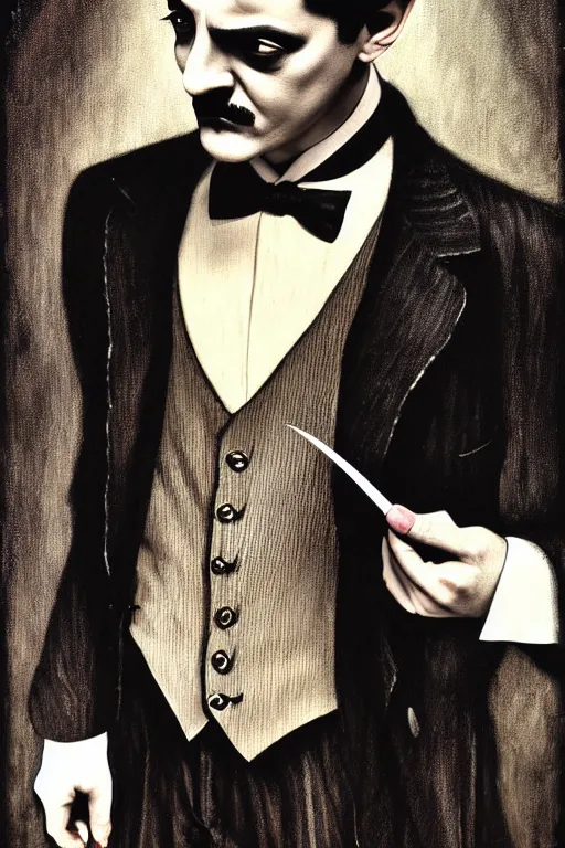 Prompt: gomez addams, dark - colored suit and tie, gothic, young, castilian descent, man, full - body, realistic portrait, ethereal, soft clean focus, art by emil melmoth, gustave dore, craig mullins, yoji shinkawa, art germ, pete morbacher, david lynch, hyper detailed, high detail, artstation, hyperrealistic, unreal