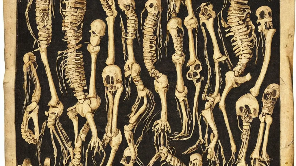 Prompt: 17th century scroll with illustrations of human bones!!! described in an alien language,