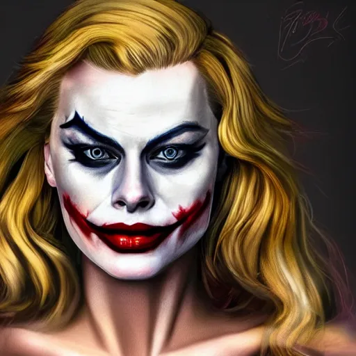 Prompt: beautiful margot robbie with joker makeup, highly detailed, realistic face, digital art