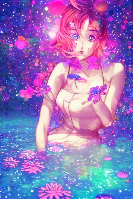 Image similar to psychedelic, whimsical, anime, 4k, beautiful intimate woman with professional makeup, long trippy hair, a crystal and flower dress, bathing in a reflective pond, underneath the stars, rainbow fireflies, trending on patreon, deviantart, twitter, artstation, volumetric lighting, heavy contrast, art style of Ross Tran and Ilya Kuvshinov