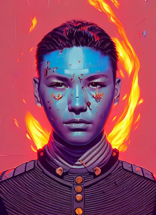 Image similar to burning police officer in sci fi prison, tristan eaton, victo ngai, artgerm, rhads, ross draws