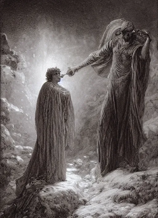 Prompt: a mage casting a frost spell by frederick morgan and gustave dore and delphin enjolras