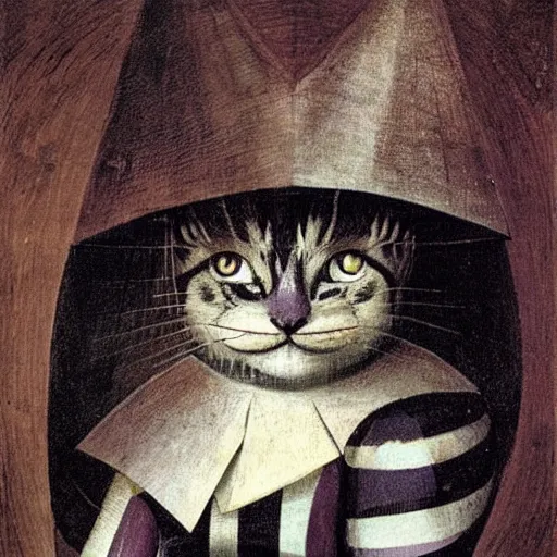 Prompt: stunning portrait of the purple striped cat of cheshire with a malicious smile by hieronymus bosch