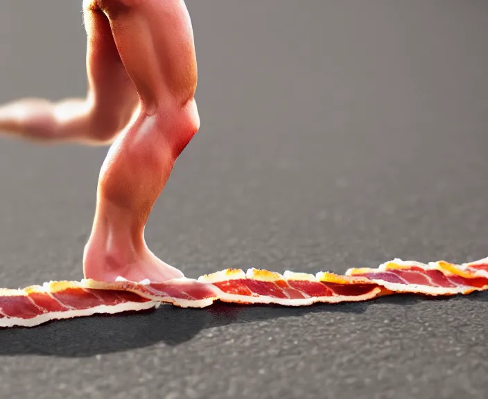 Image similar to A strip of bacon walking down the street, 4K, HD, Digital Art