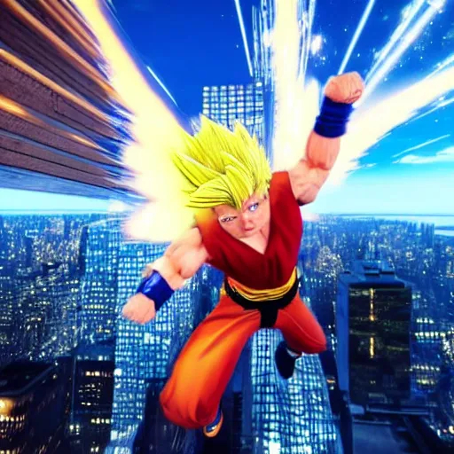 Image similar to photo realistic super sayan trump flying in the sky and prepare a kamehameha above new york city. high details, intricate, unreal engine 5.